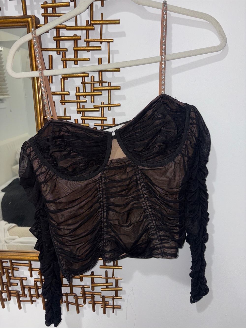 Self-Portrait Black Sheer Ruched Long-Sleeve Crop Top